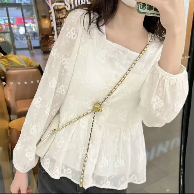 Sweet Fashion Women\'s Square Collar Embroidery Blouse Lantern Sleeve Solid Color Korean Button Shirt Spring Female Clothing New