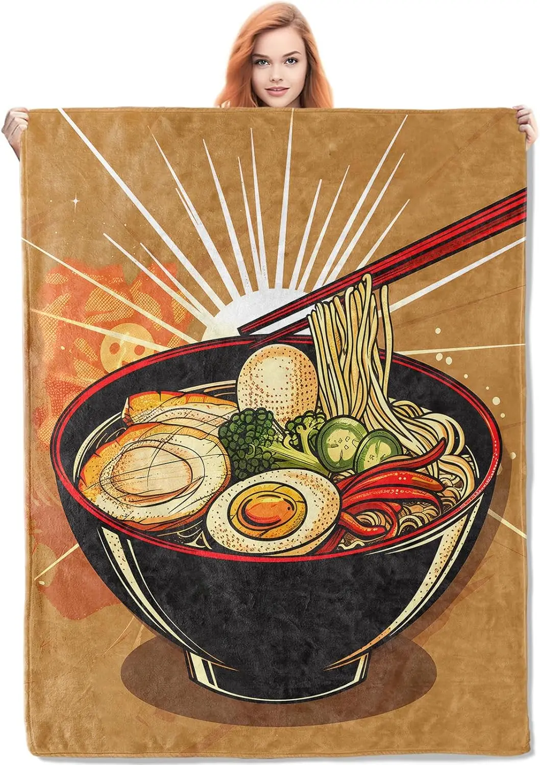 Ramen Throw Blanket, Asian Cuisine Theme Blankets for Room Homen Decor, Warm Throws, Colorful Noodle Bowl Illustration