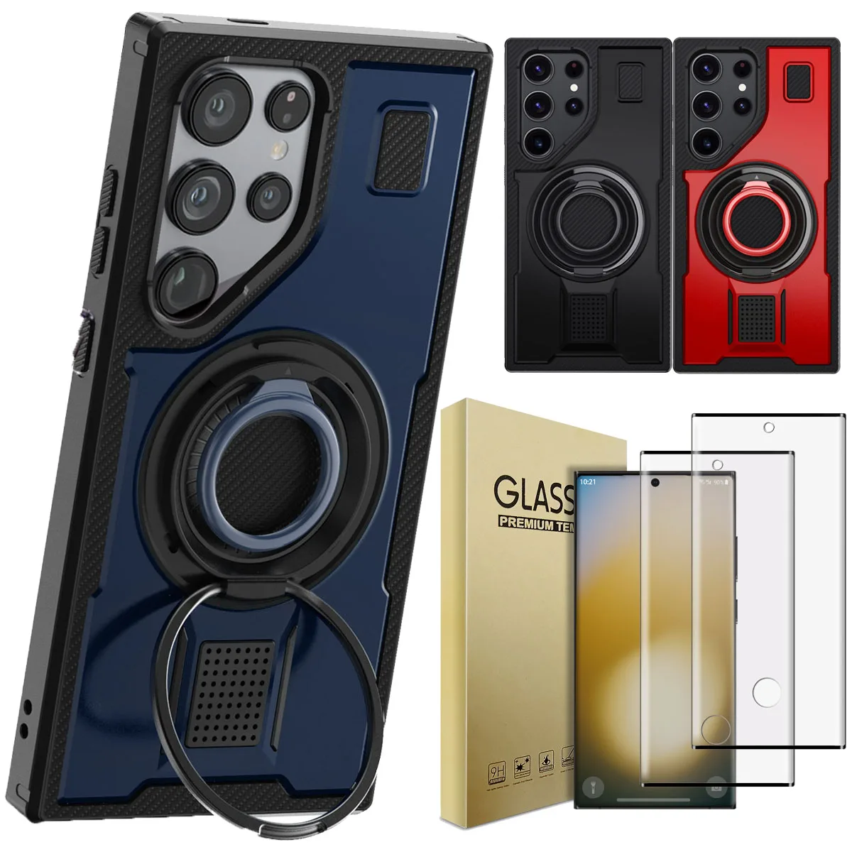 

For Samsung Galaxy S23 Ultra 5G Phone Case Kickstand Shockproof Cover And 2pcs Full Coverage Tempered Glass Screen Protectors