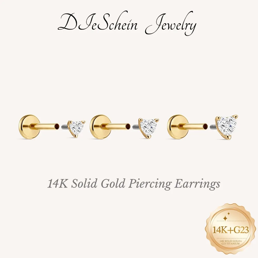 DIeSchein Pendientes de Oro Sólido de 14K con Parte Trasera Plana para Piercing de Helix, Tragus, Daith para Mujeres, Pendientes Clásicos para Niñas