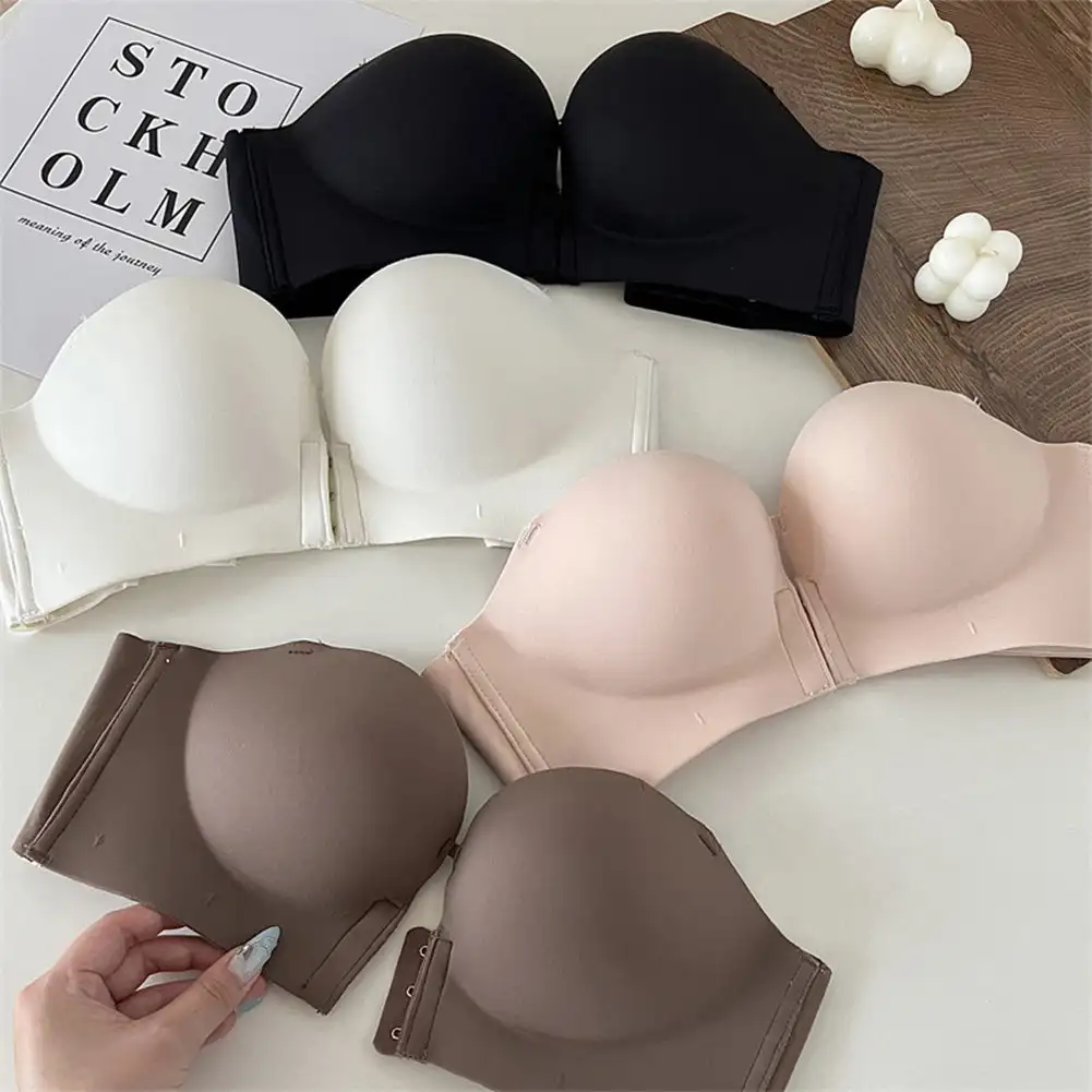 A Cup Small Breast Special Thickening Show Large Front Buckle Type Gathered Bra Bra Strapless Non-slip Back Underwear Female