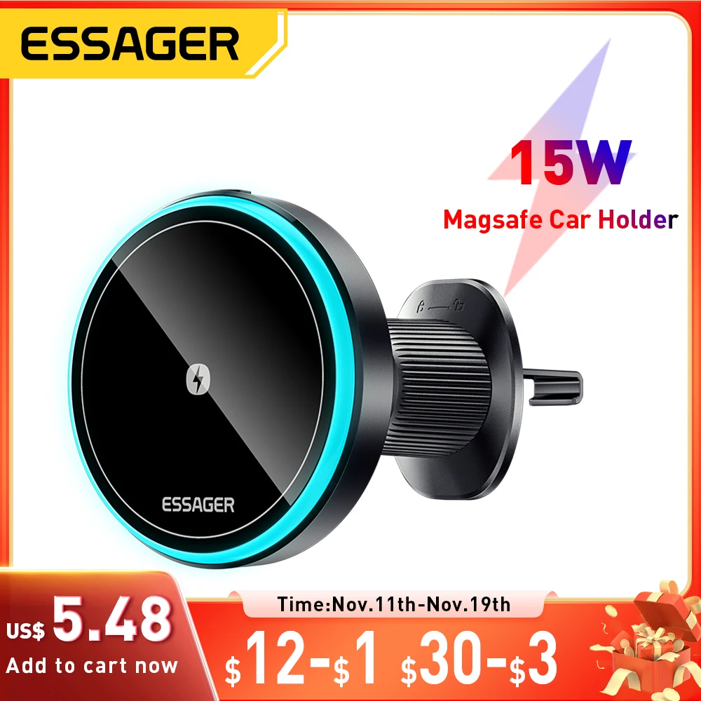 

Essager 15W Magnetic Wireless Car Phone Holder Adjustable 360 degrees Car Charger For iPhone15 14 13 Pro Samsung Universal Phone