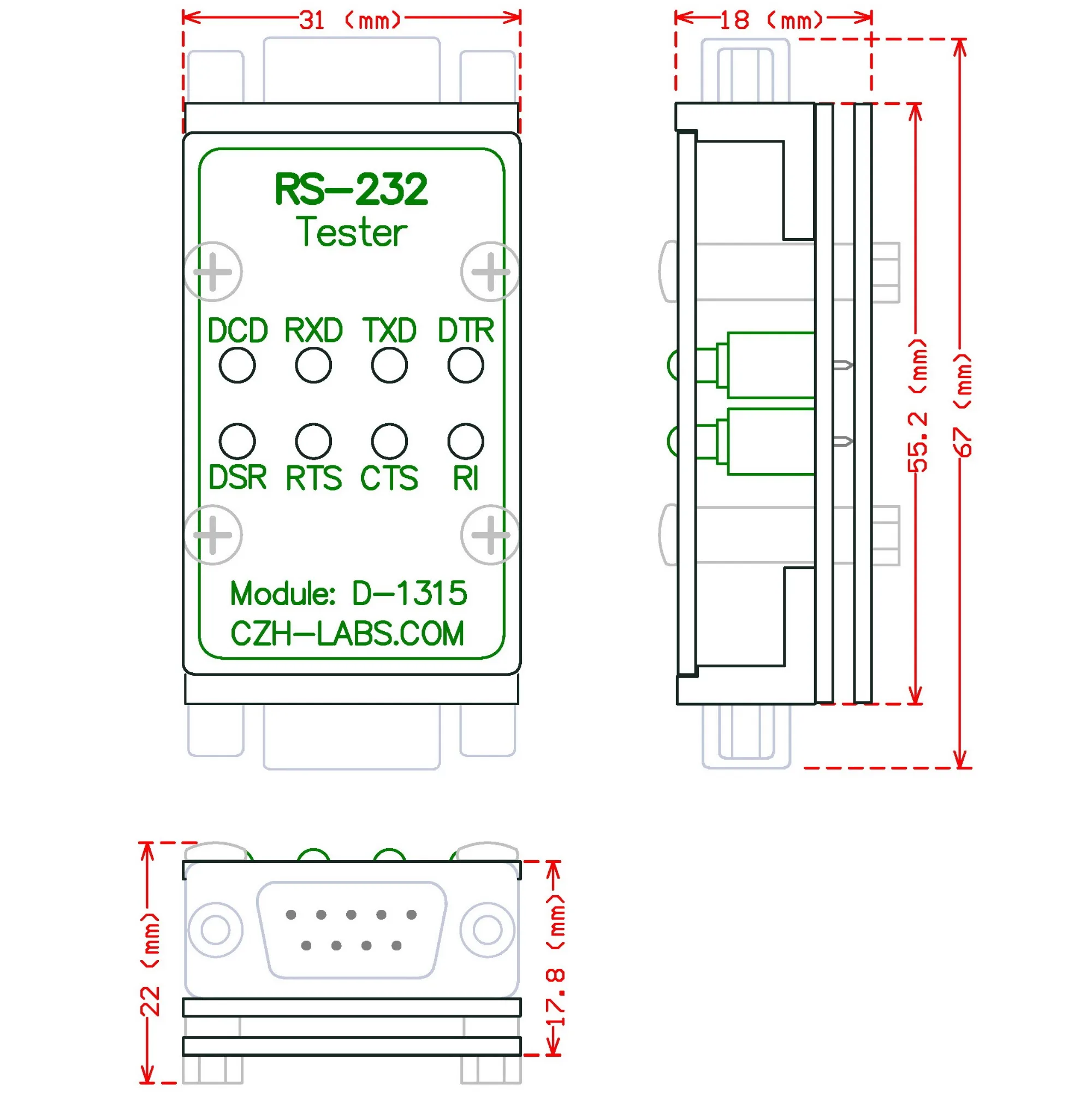 CZH-LABS RS232 LED Link Tester Module, DB9 Male to DB9 Female.