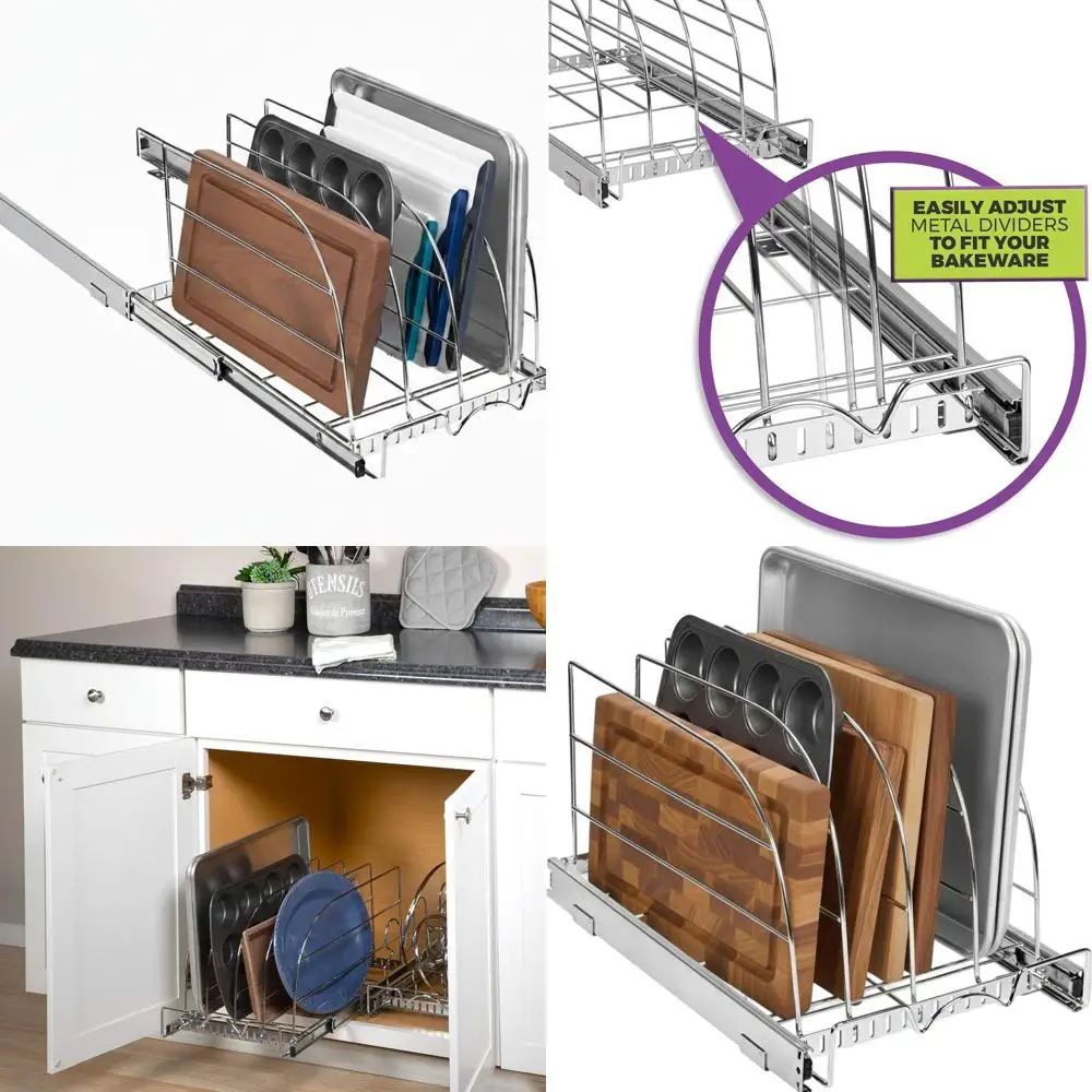 

Adjustable Heavy-Duty Chrome Organizer for Bakeware, Cutting Boards, and Trays - Fits Narrow Cabinets, 12.5W x 21D x 11H