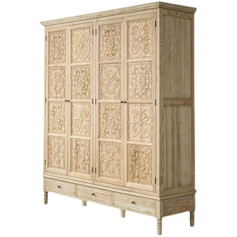 Country retro solid wood carving flower three doors four doors wardrobe adult bedroom multi-functional storage storage cabinet