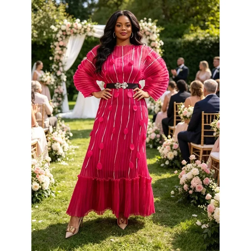 Miyake Pleated Dresses 2026 New French Style Waist-Cinching Elegant Organza Flower Plus Size Women's Luxurious Chic Party Dress