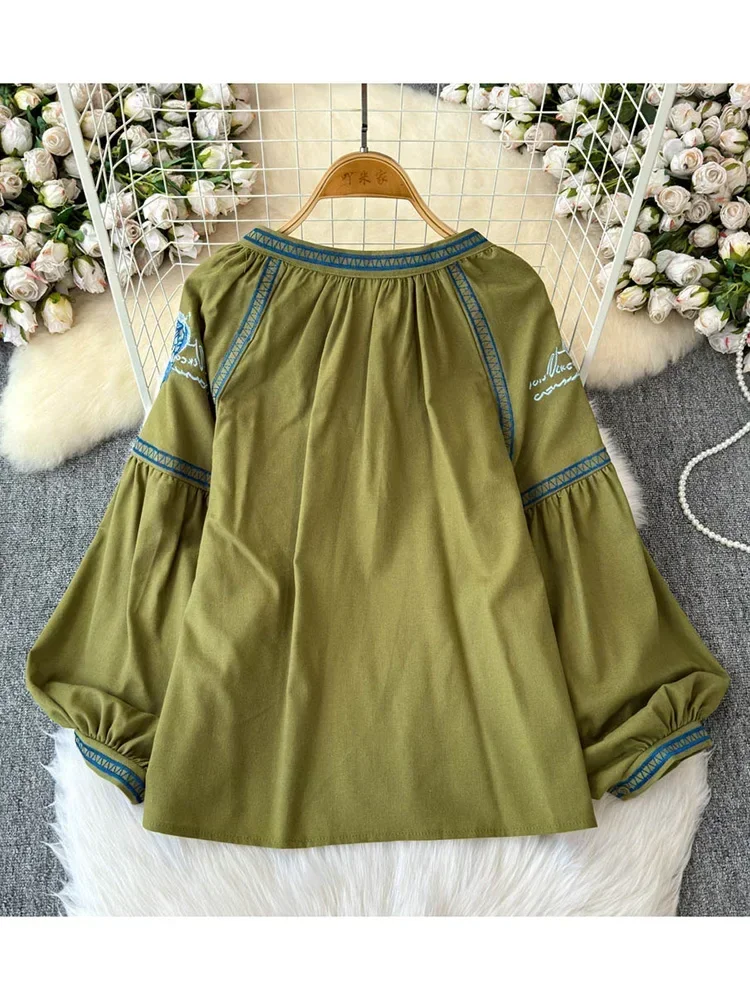 

Autumn Blouse Fashionable Retro Ethnic Style Top with Iris Embroidery Travel Long Sleeved Shirt Cotton Linen Top Women's