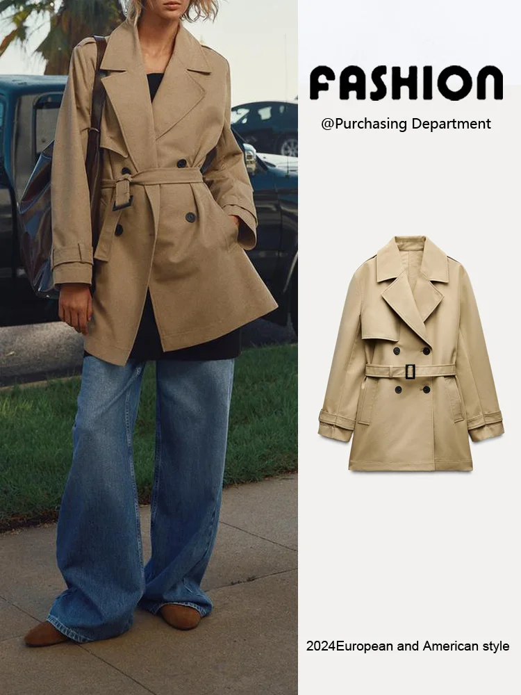 

Classic Double-breasted Long Sve Turn-down Collar Windbreaker Women's Faion Belted New Arrival 2024 Autumn Commute Loose...