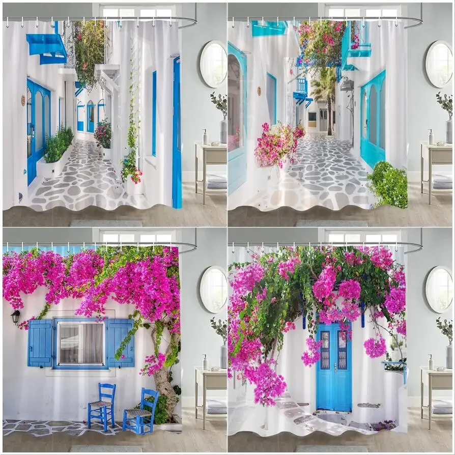 Greek Street Shower Curtains Natural Flowers Plant Blue Door Window White Architecture Modern Garden Wall Hanging Bathroom Decor