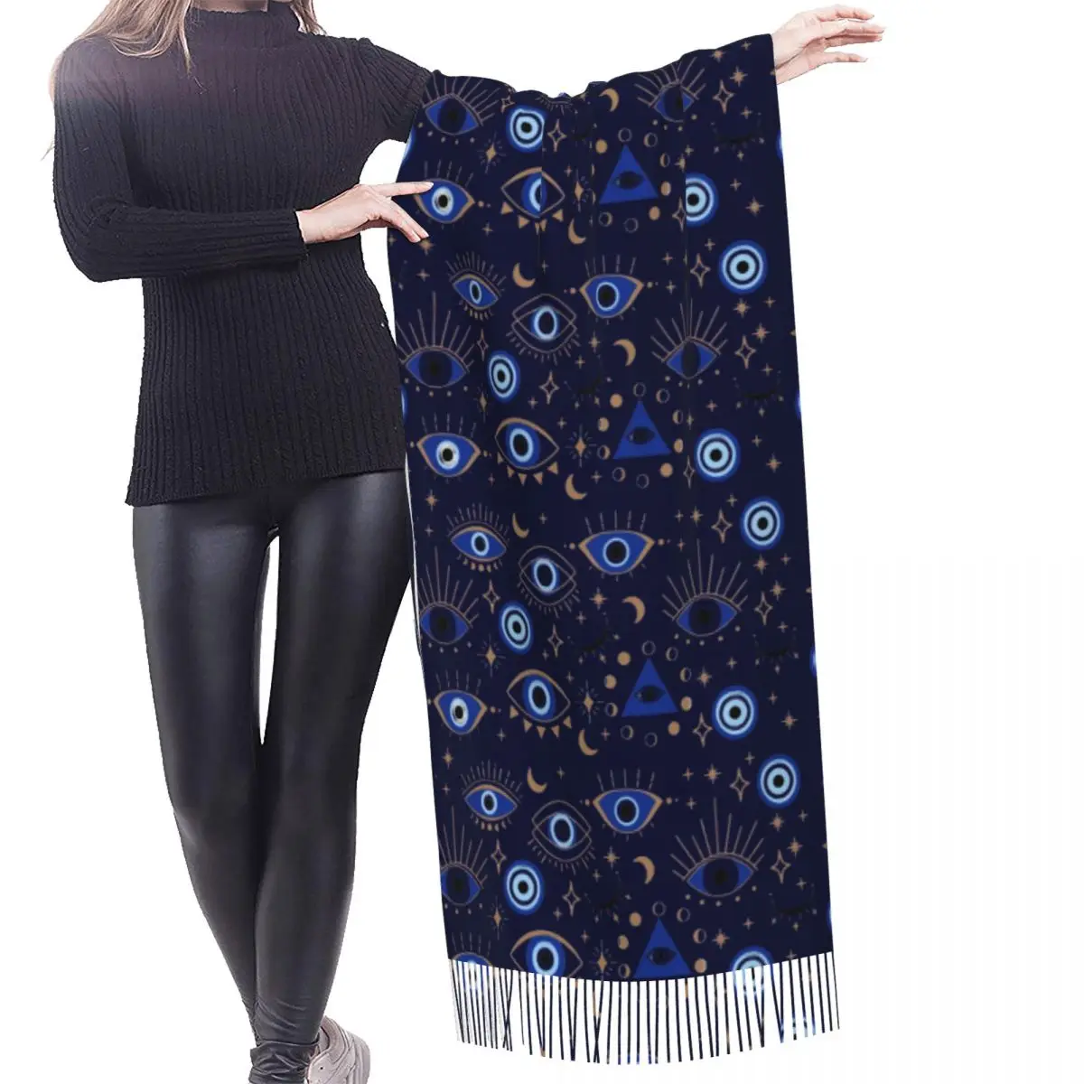 Female Turkey Evil Eye Symbol Pattern Scarves Women Winter Fall Thick Warm Tassel Shawl Wrap Fashion Versatile Female Scarf