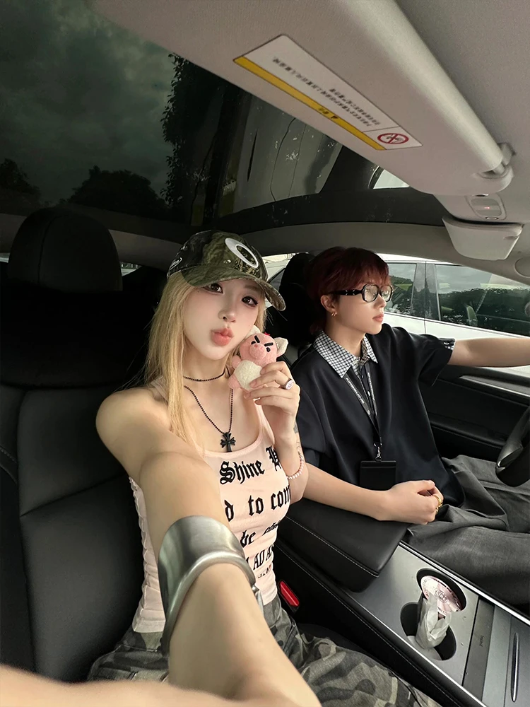 ヌードレタープリントスパイシーガールズクロップトップ女性用サマーウェア外側スリムフィットインナーマッチピュアワントハイグロススベレス女性用ベスト