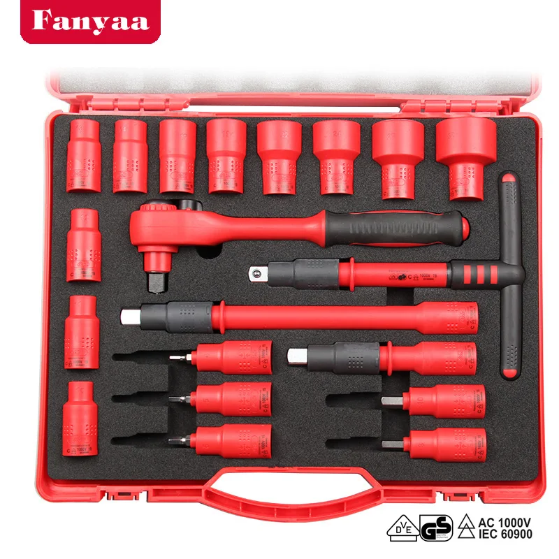 Insulated 1/2 Inch Ratchet Socket Wrench Tool Box, Ratchet Spanner, T-Handle, 2 Extension Bars, Hex Bits Sockets, Sleeve Sockets