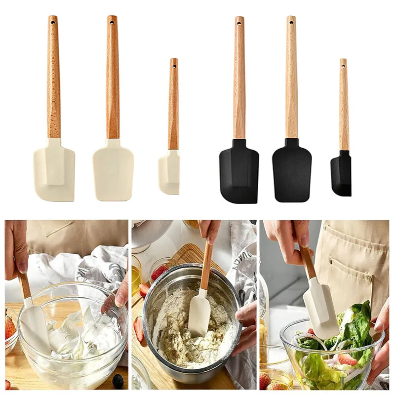 3pcs Wooden Handle Silicone Spatula Set Heat Resistant Silicones Scraper for Cooking Baking Stirring Applying Kitchen Gadgets