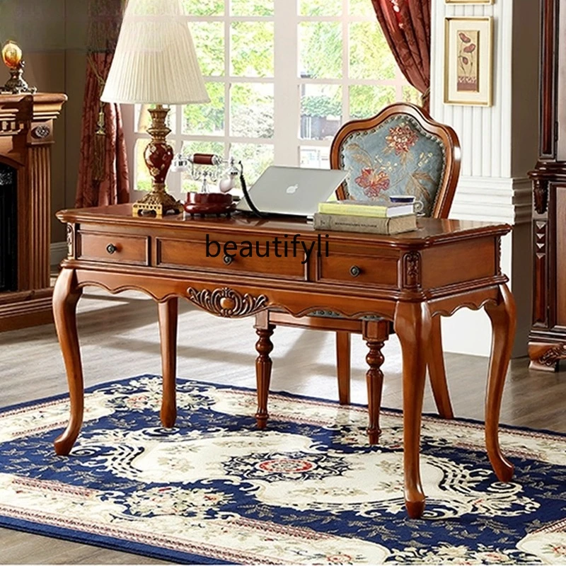 

American Solid Wood Study Computer Desk Writing Desk European Antique Style Desk and Chair Set