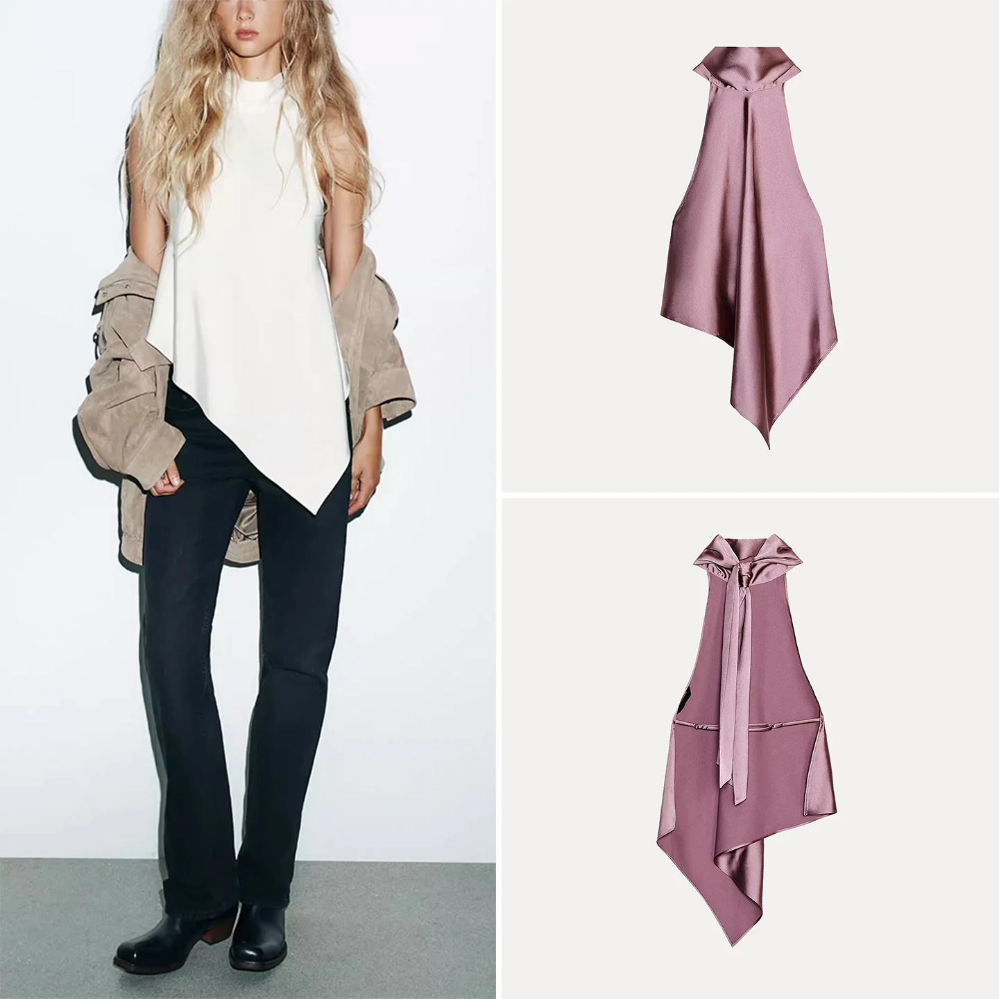 

Ele Silk Satin Women's Top with Hanging Collar Autumn 2025 New Sle Z Vest Outerwear Regular Length No Padding