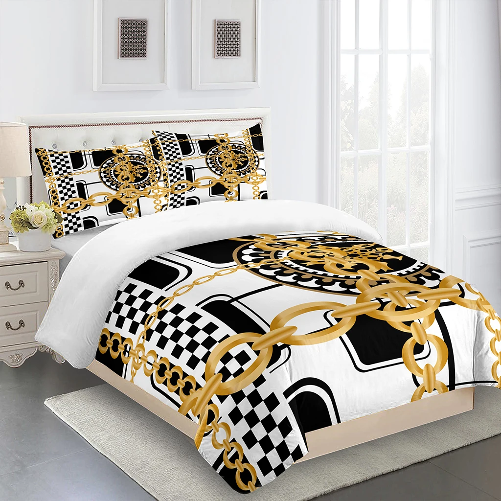 

3PcLuxury Checkerboard Metal Chain King Queen Full Size Duvet&Quilt Cover Pillow Case Bedding Linen Set Bedspread200x200 240x220