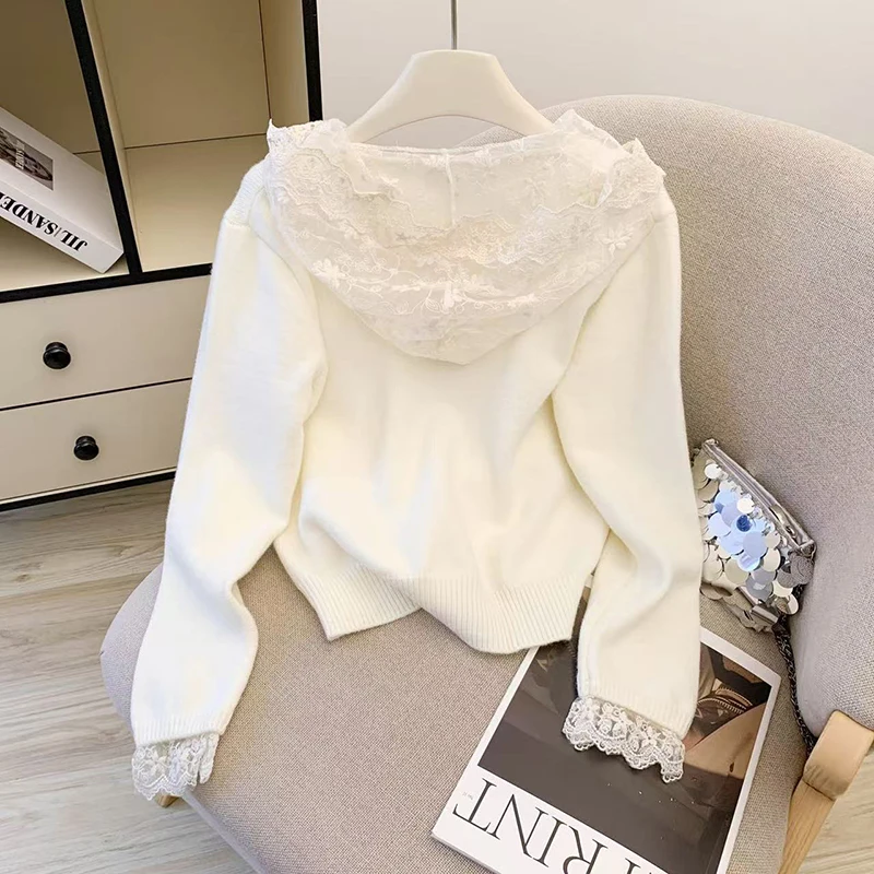 Renda com capuz camisola de malha feminina manga longa chique pérola botão pullovers preppy doce casual estudante retalhos malhas jumpers