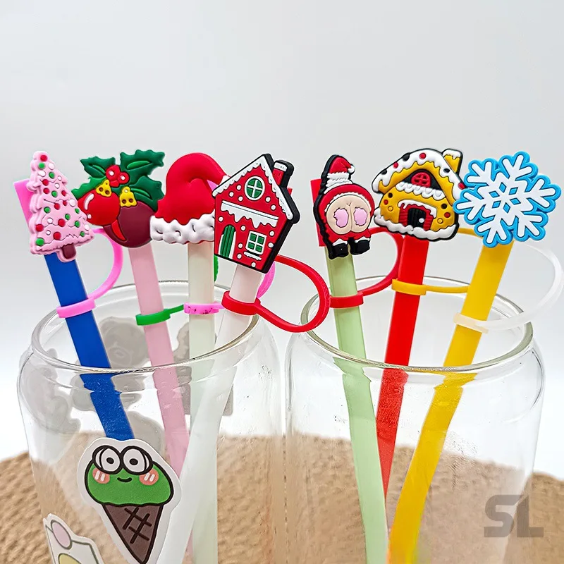 8mm New Christmas Straw Cover Soft Silicone Dust-proof Straw Cap Fashion Cartoon Straw Decoration Party Festival Supplies