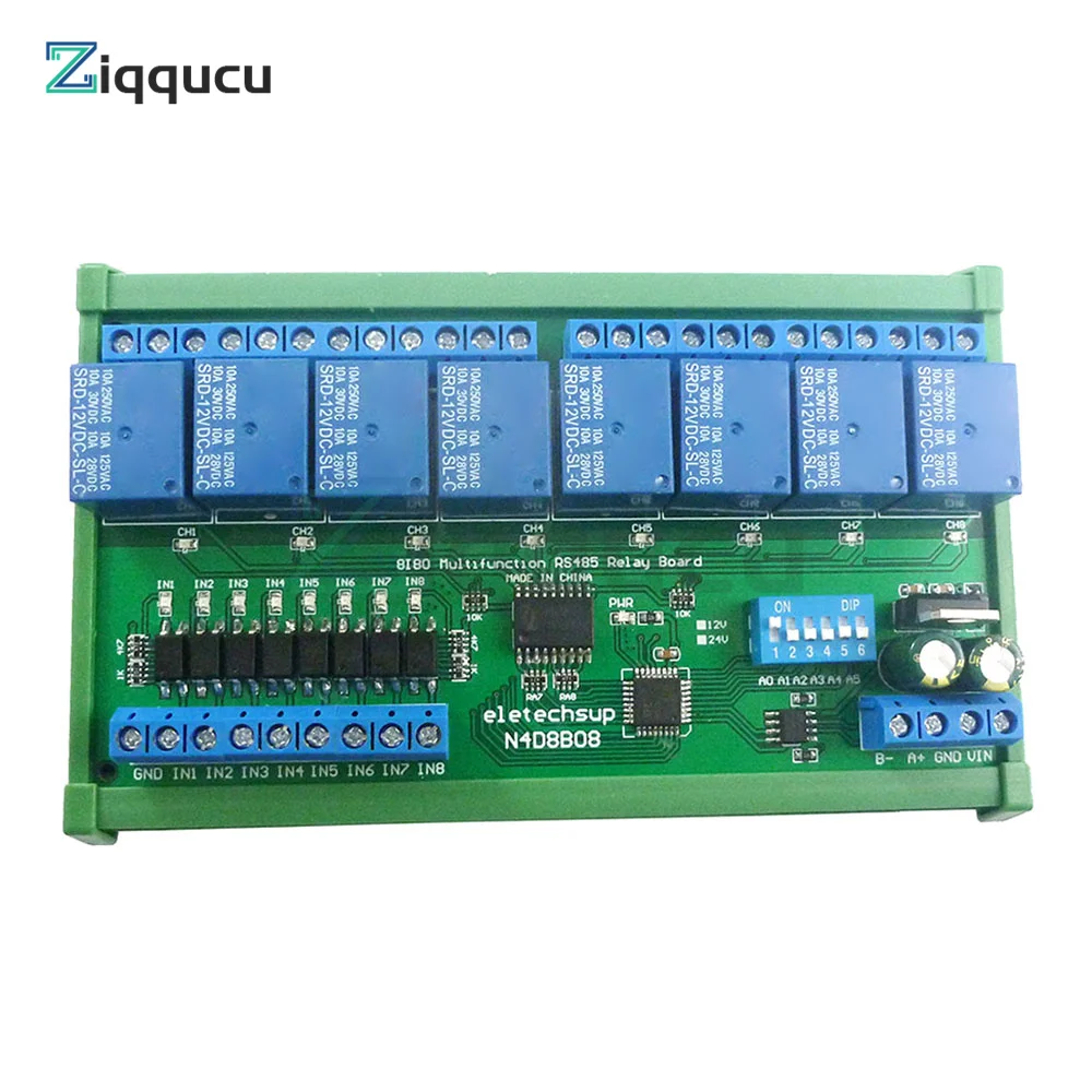 DC 12V 24V 8 Isolated Input & 8 Output DIN35 C45 Rail Box UART RS485 Relay Module Modbus RTU Control Switch Board