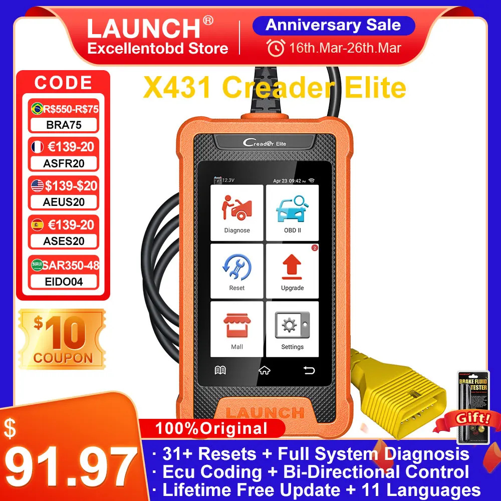 LAUNCH X431 Creader Elite Full System Diagnostic Tools Online ECU Coding OBD2 Scanner Active Test 31+ Reset For BENZ/BMW/AUDI