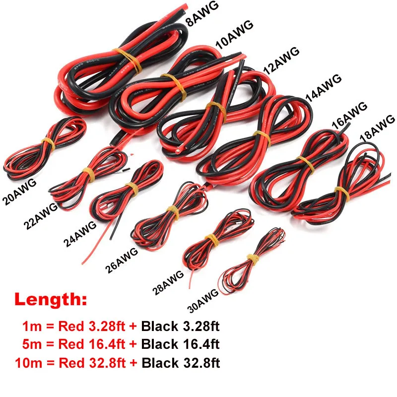 1m/3m/10m 1lot Silicon Wire 4 6 8 10 12 14 16 18 20 22AWG Heatproof Soft Silicone Silica Gel Wire Cable (1/3/5m Red+1/3/5m Black