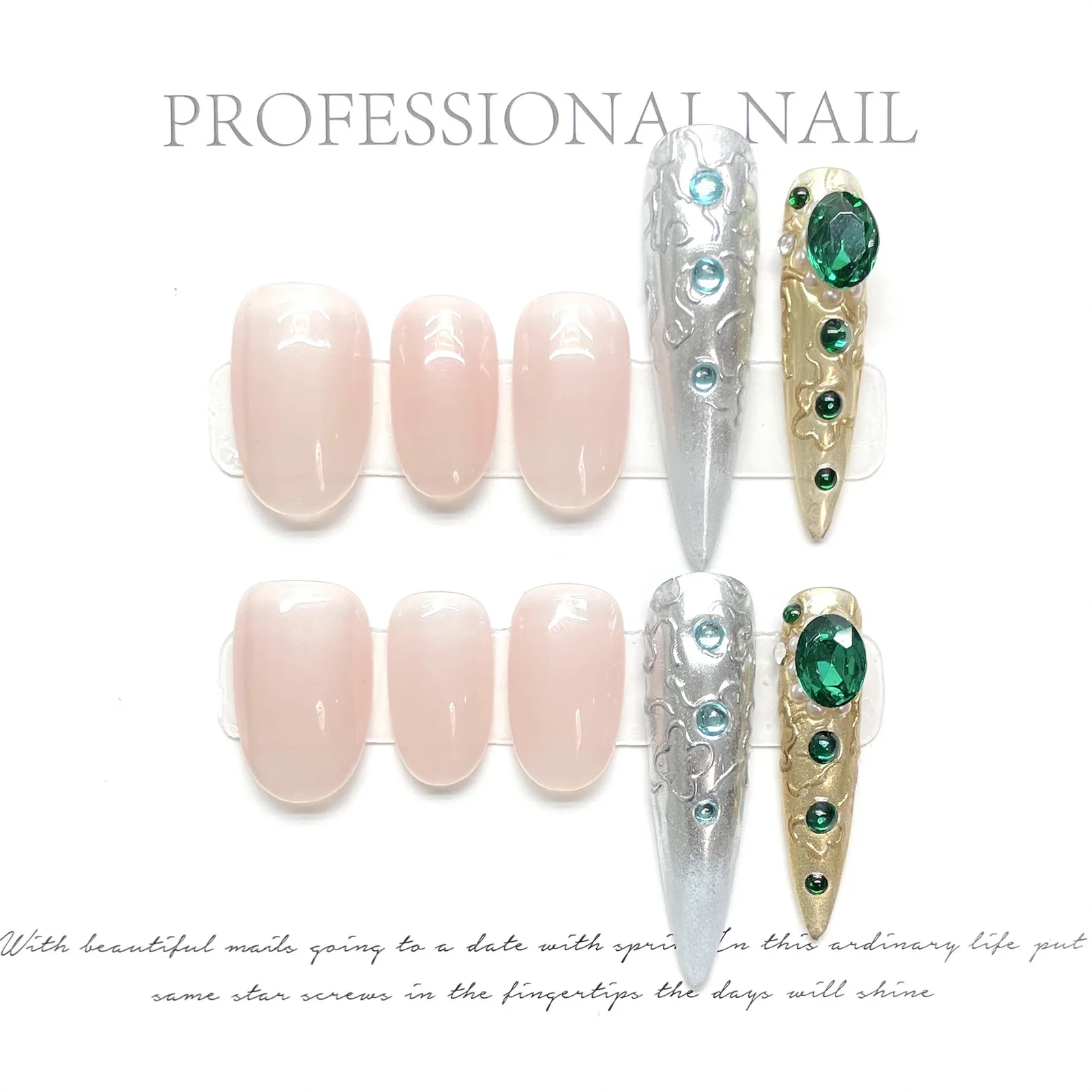 Press On Acyrlic Nails Nude Short Oval Fake Nails Handmade Long Almond Vintage False Nails With Full Flash Rhinestones Decor