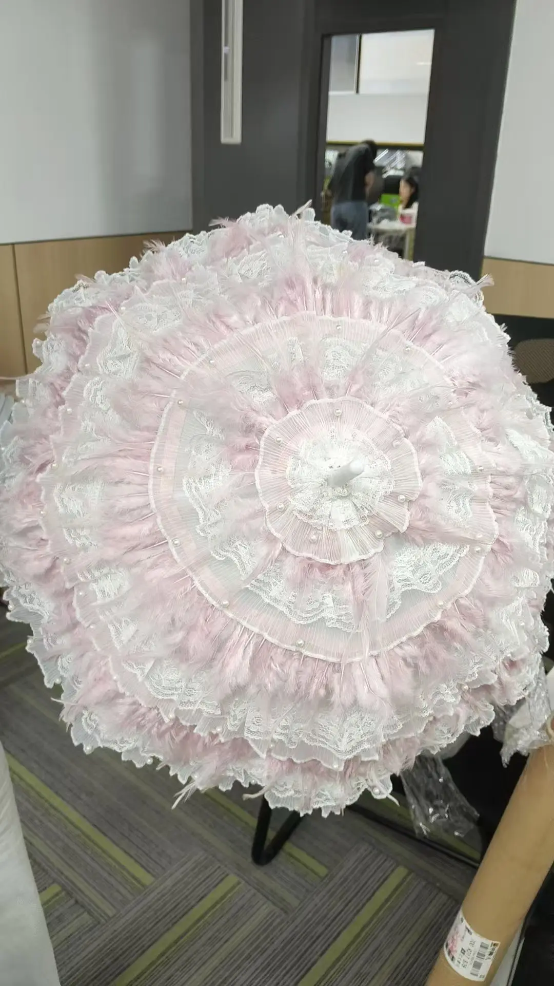 

Handmade Gothic Lolita Umbrella with Dark Feathers Lace Trim Wedding Photography Parasol