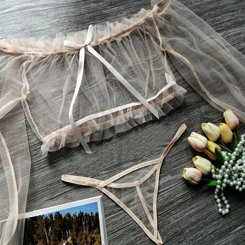 Seksi transparan iç çamaşırı seti Babydoll Sevgililer Kıyafeti Kadın Dantel İç Sıcak Tanga Sütyen Erotik Kapalı Omuz Üst