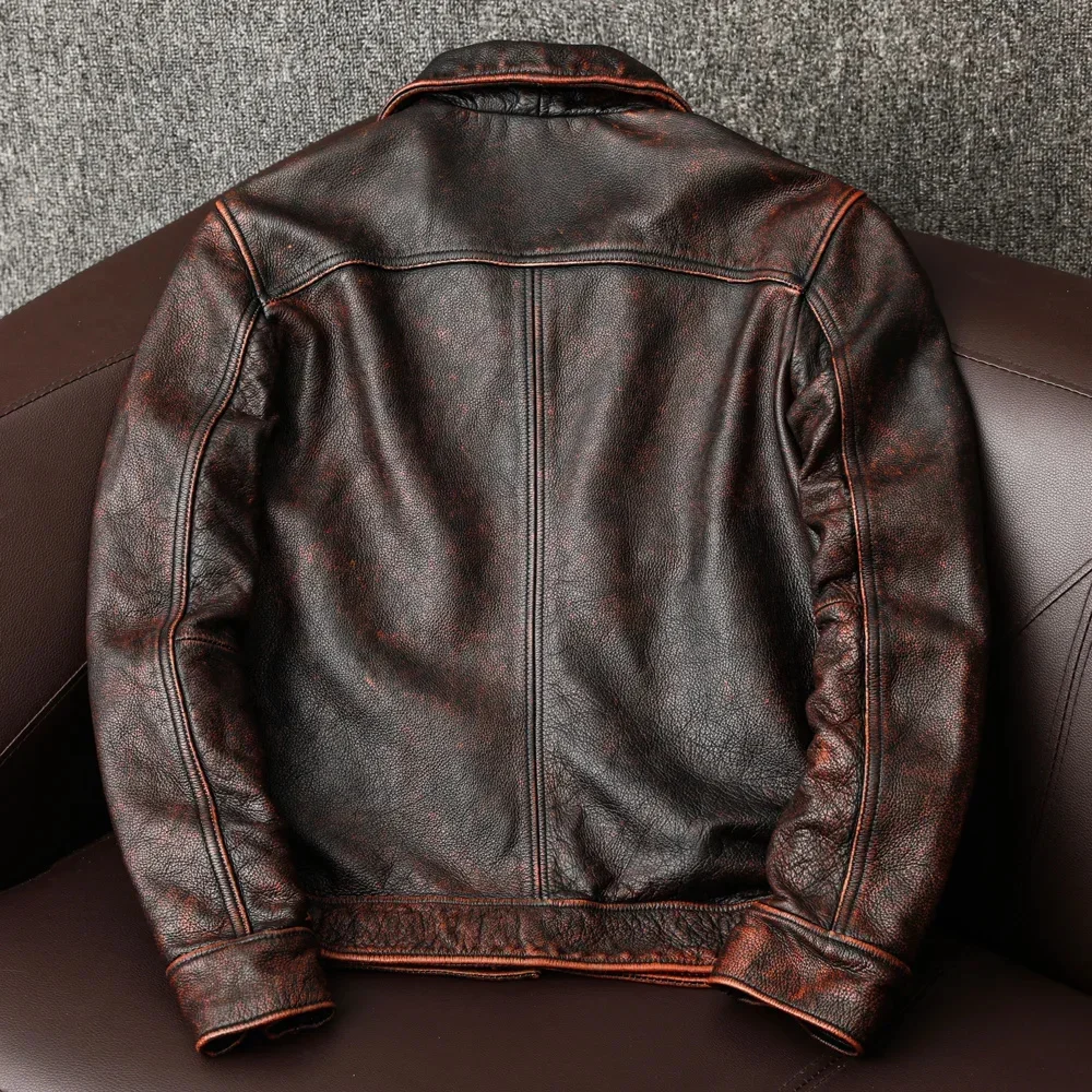 Red Brown Vintage Genuine Leather Jacket Men 100% Natural Cowhide Coat Men's Casual Workwear Stone Mill Old Style Autumn Clothes