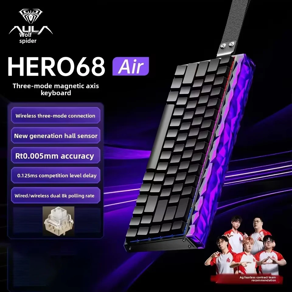 Teclado AULA Hero68 Air Tri-Mode com Interruptor Magnético, Dual 8K, Com Fio e Sem Fio, RT, Baixa Latência, 68 Teclas, Hot Swappable, RGB, Driver Web