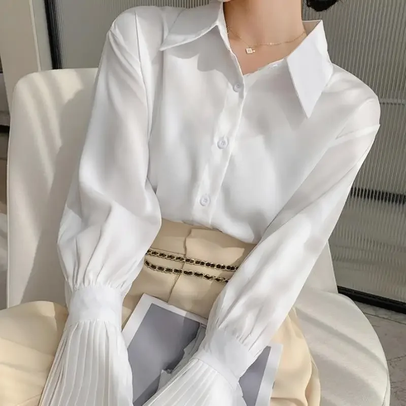 White Pleated Patchwork Loose Blouse Women Clothing Long Sleeve Polo Neck Solid Office Shirt Tops Fashion Korean Spring Autumn