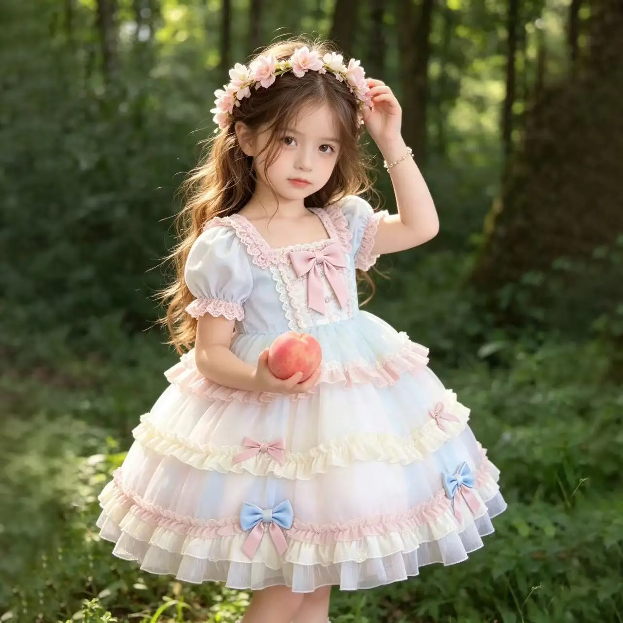 Girls Lolita Dress New Summer Bow Princess Dress Kids Sweet Cake Layer Party Gown Fashion Tulle Dress 100-150cm