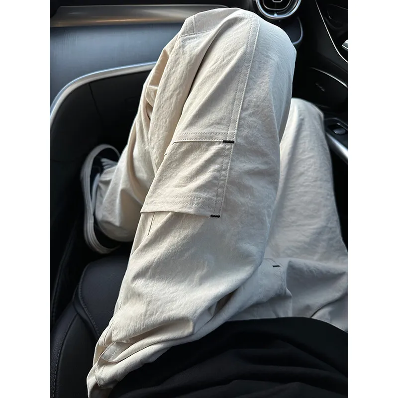 Qui Dry Work Trousers Men's Summer Trendy Loose Straight Ice Silk Pants High Street Paratrooper Trousers Beige Color