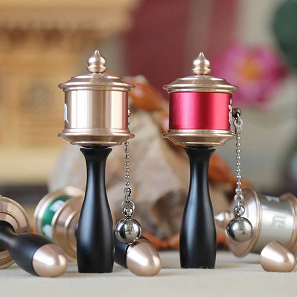 Mini rueda de oración de manivela, tubo sutra pequeño tibetano de seis caracteres, rueda de oración con microfilme del Sutra del Corazón de Guanyin con base