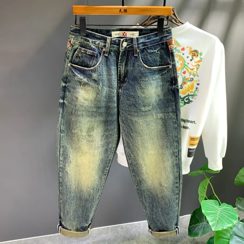 Patchwork Retro Vintage Jeans Men's High-End Washing Craft Loose Trendy Pu Shuai Wide Leg Leisure All-Matching Harem Pants