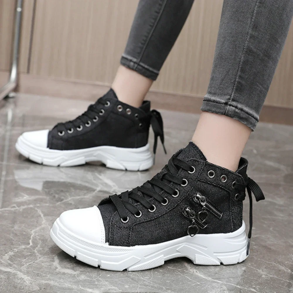 Women Plus Sizes Sneakers High Top Female Denim Canvas Shoes Woman Girls Students Canvas Shoes for Women Lace Up Platform Shoes