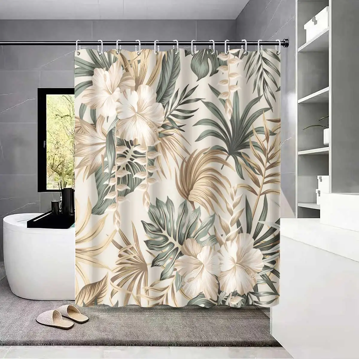 

1pc Monstera Deliciosa Floral Print Shower Curtain, with 12 Hooks, Machine Washable, for Shower Partition and Privacy Protection
