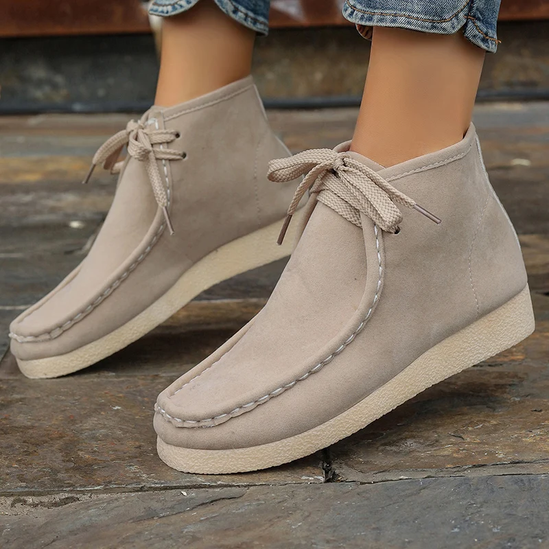 Women\'s Solid-color Flock Flat Boots Leisure Lace Up Soft Sole Shoes Boats Comfortable Lightweight Non Slip Ankle Boots