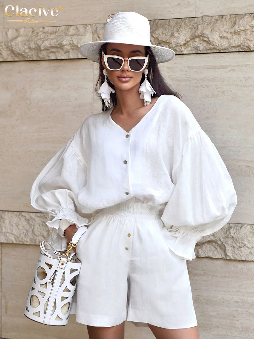 

Clacive Fashion Loose White Cotton 2 Piece Sets Women Outfit 2025 Elegant Long Sleeve Shirt With High Waist Shorts Set Female