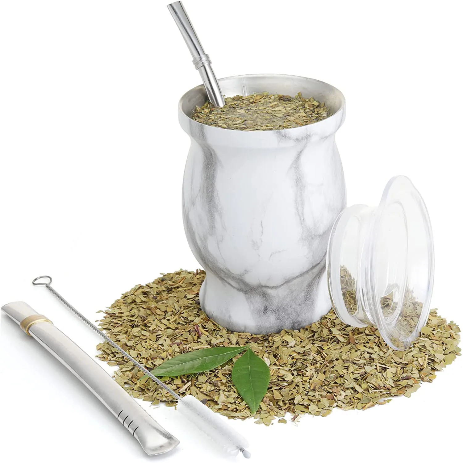 Yerba Mate Natural Gourd/Tea Cup Set With Lid (Original Traditional Mate Cup - 230ML) | Includes 2 Bombillas (Yerba Mate Straws)