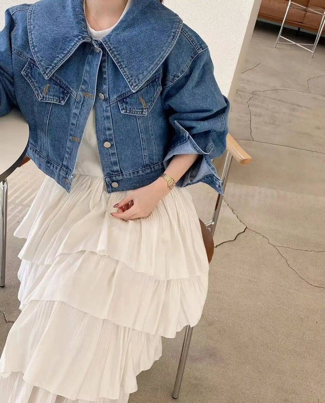 3color Chic Jeans Jackets for Women 2023 New Long Sleeve Peter Pan Collar oversized Denim coats Vintage Casual Crop Jacket(XH820