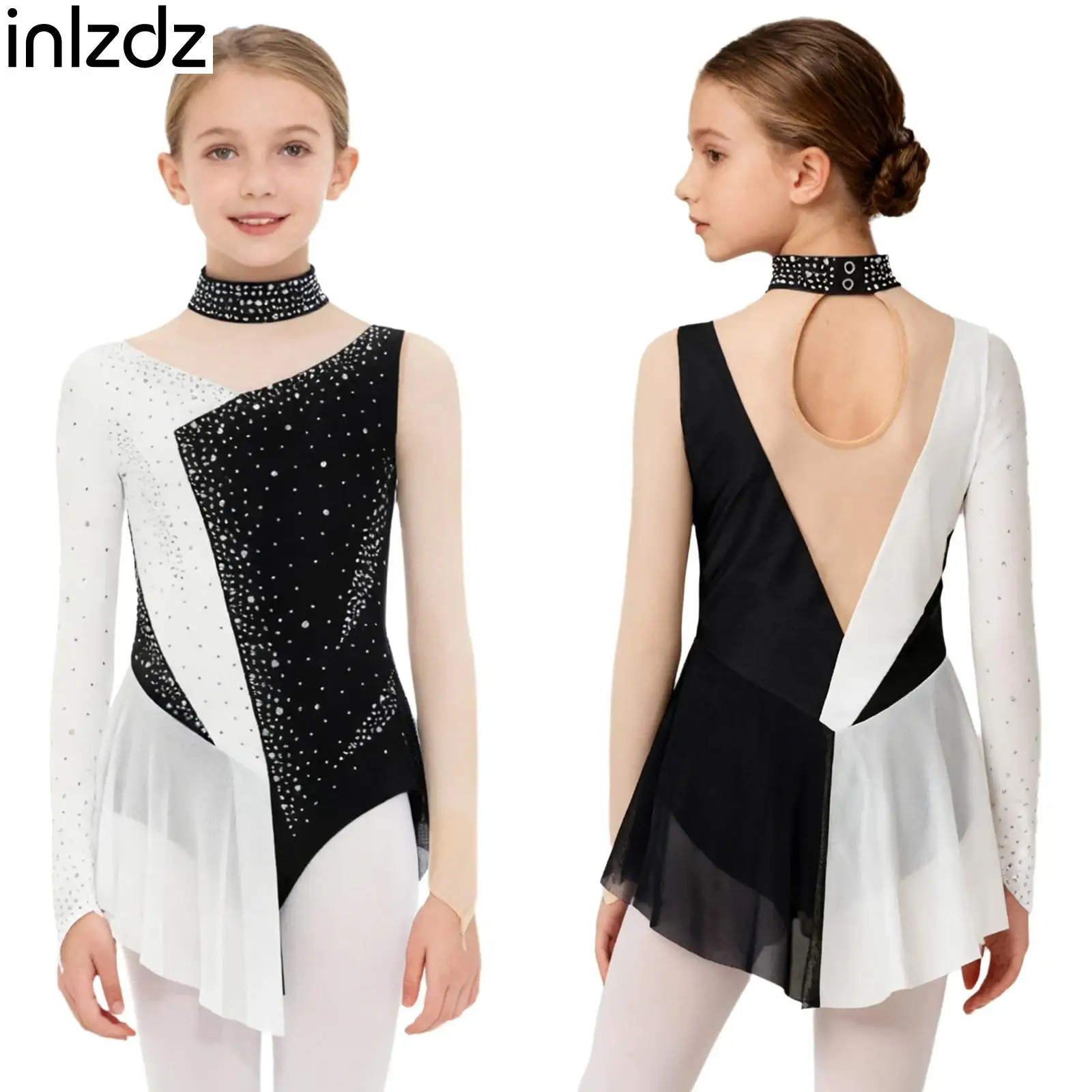 

Kids Girls Lyrical Dance Dress Ballet Gymnastics Leotard Rhinestone Mesh Bodysuit Figure Ice Skating Performance Party Dancewear
