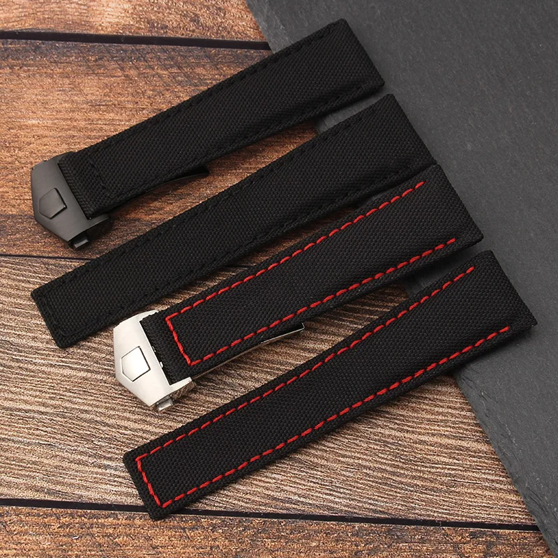 Pulseira de relógio de náilon + couro para tag heuer f1 pulseira de relógio para omega breitling substituir pulseiras 20mm 22mm pulseira de fecho dobrável