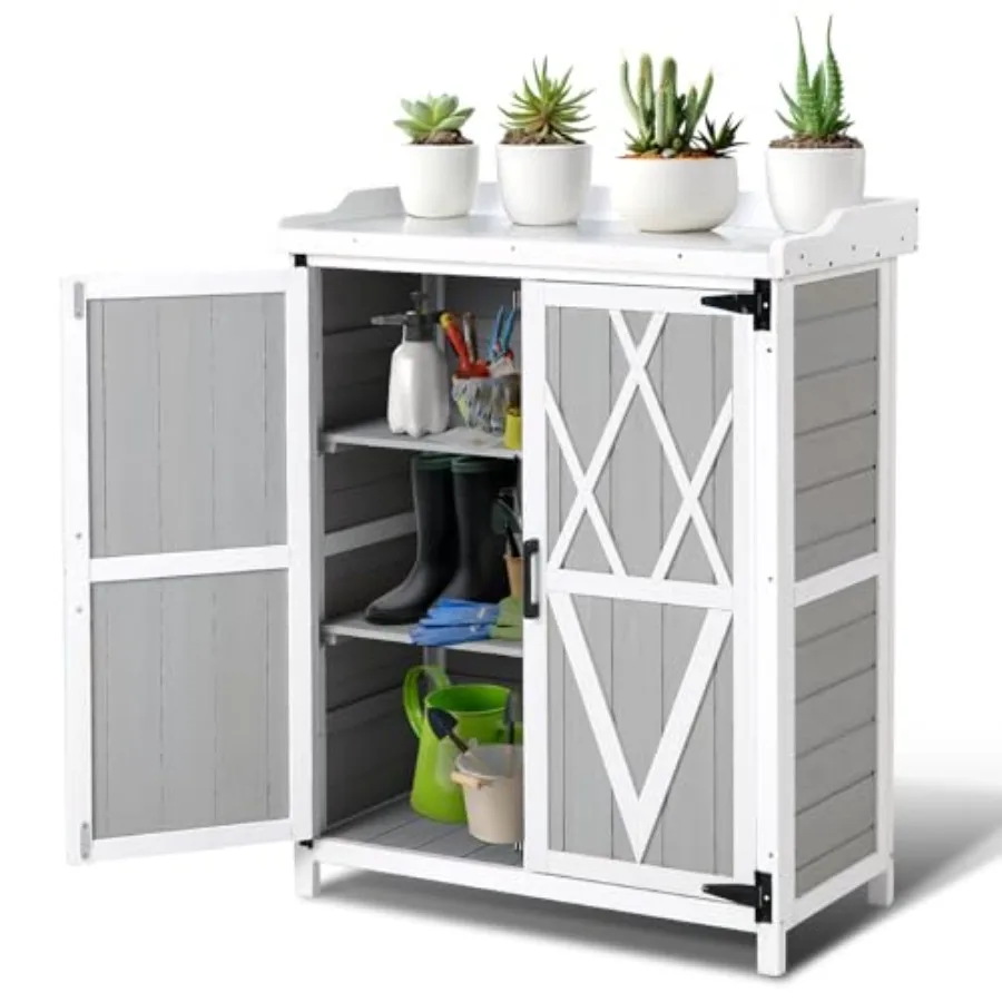 Waterproof Outdoor Storage Cabinet, Adjustable Shelves and Double Doors, Galvanized Metal Top, Garden Work Station for Backyard