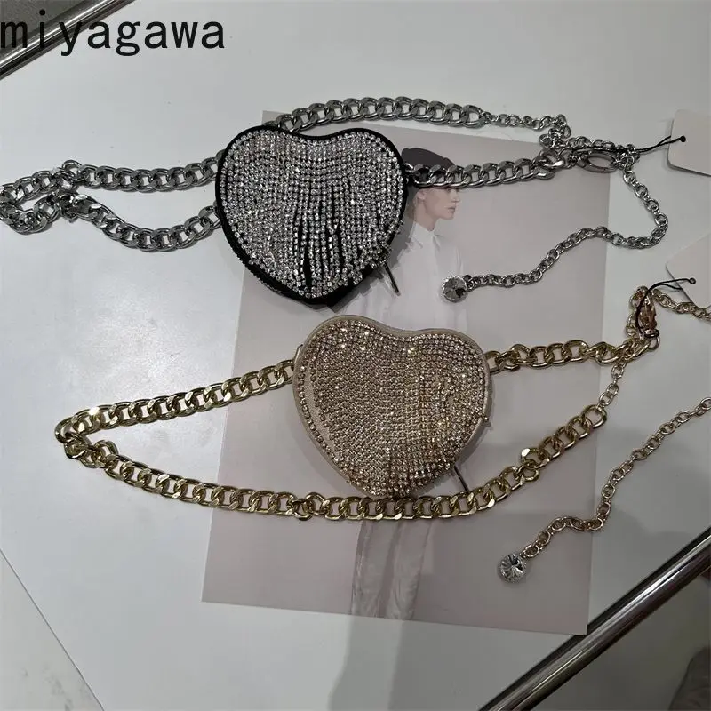 Miyagawa Fashion 2023 Metal Chain Sparkling Diamonds Tassel Crossbody Versatile Mini Love Vintage Iron Chain Small Bag