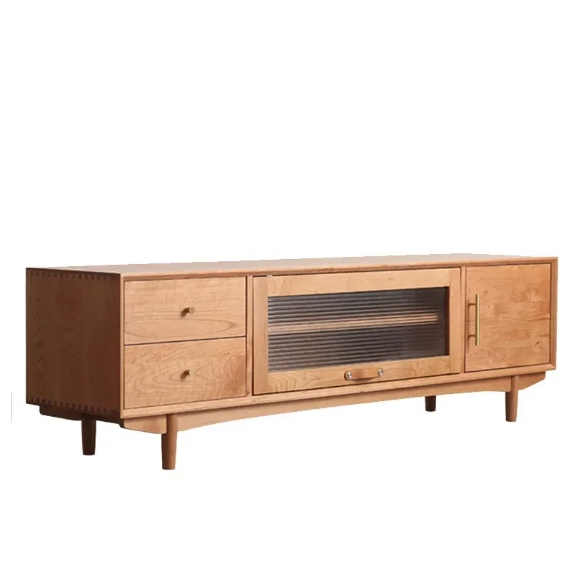 Cherry wood TV cabinet, Nordic Japanese-style solid wood upturn door, glass audio-visual cabinet, modern simple furniture