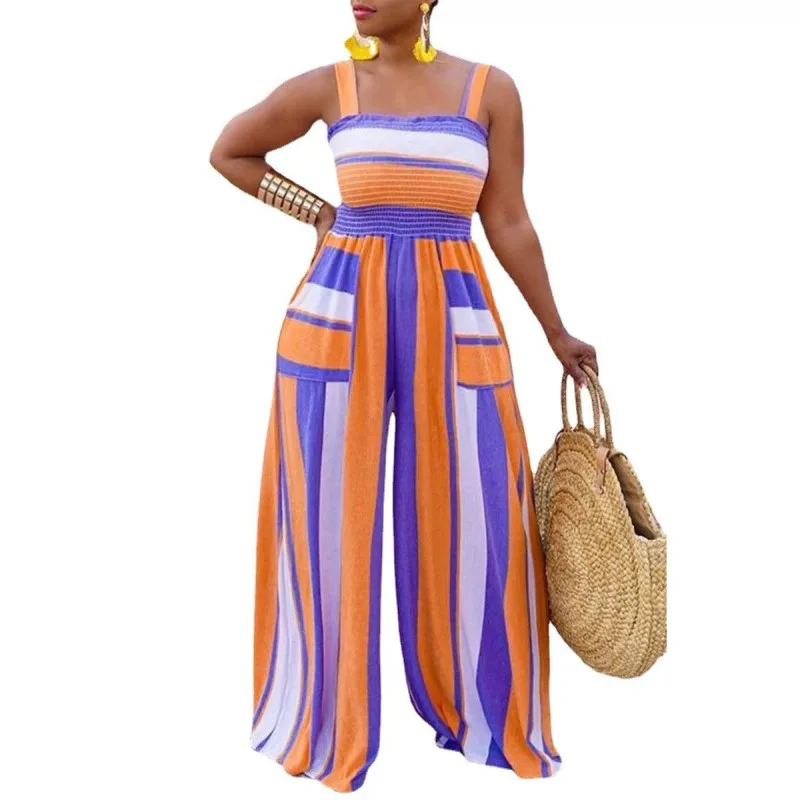 L-5XL Plus Size Jumpsuit for Women Clothing 2022 Summer Fashion Strap Multicolor Straight Wide Leg Romper Dropshipping Wholesale