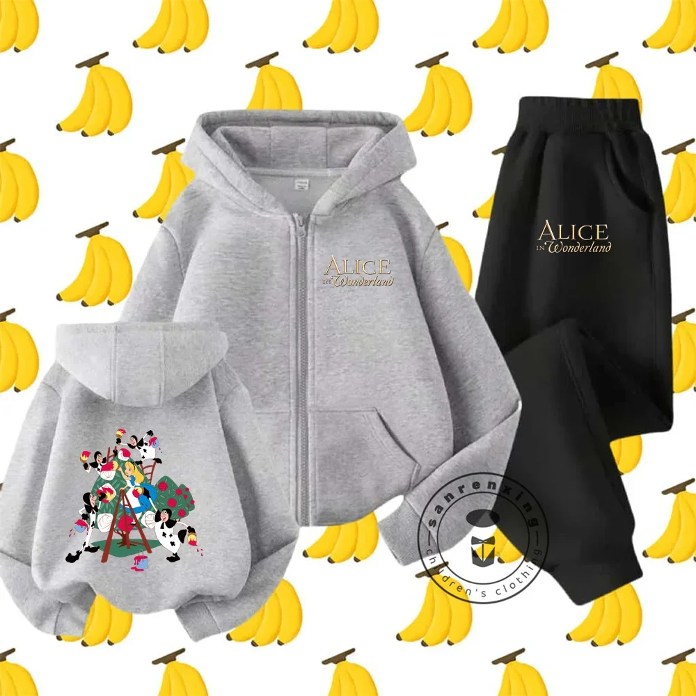 Geweldige Alice in Wonderland Kinderen Rits Hoodie Set Disney Cartoon Print Herfst en Winter Sweatshirt met lange mouwen Jongens