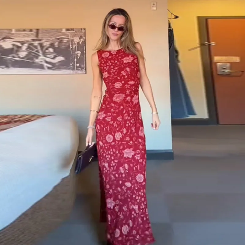 Fashionable Women's Summer Holiday Chic Printed Long Dress with Red Sleeveless Round Neck Slim Light and Elegant Long Dress