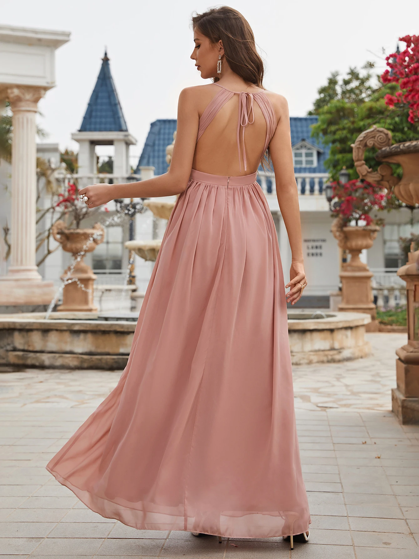 Unithorse Pink Sleeveless O-Neck Ruffled Chiffon Bridesmaid Dress